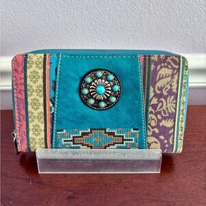 Montana West Turquoise Patchwork Wallet | Western Boho | Multi‑Pattern | GUC